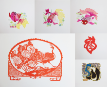 Six Chinese papercut samples arranged in a collage. The top three are swimming goldfish in different poses and are multicolored in purples and yellows. The fourth is a papercut of a peacock standing in front of peonies. The fifth is a red papercut of a peach with a Chinese symbol in it. The sixth papercut shows a panda surrounded by bamboo. It is multicolored and is gilded with decorative gold leaf.