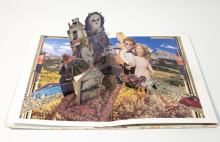 The first pop-up scene of the book featuring a field and blue sky as the background with a variety of paper doll and magazine cutouts in the foreground.