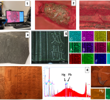 This image is a combination of 9 photos that are contained in the article "Look Beneath the Surface: Analytical Techniques Reveal Museum Artifact Secrets" 	Photograph of Chinese woodblock being imaged on a Keyence microscope.			Microscope image of space carved into the woodblock to form a character.			Microscope image of hair embedded into the ink and crack in the woodblock.			Chinese woodblock with remnants of black ink.			Image of the area of X-ray analysis of a black-colored Chinese wood