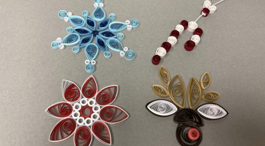  Quilled ornament, blue snowflake, red poinsettia, candy cane, reindeer