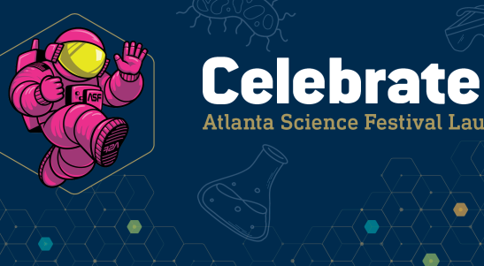 Pink astronaut beside the words Atlanta Science Festival