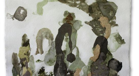 Pulp Painted green landscape on white paper